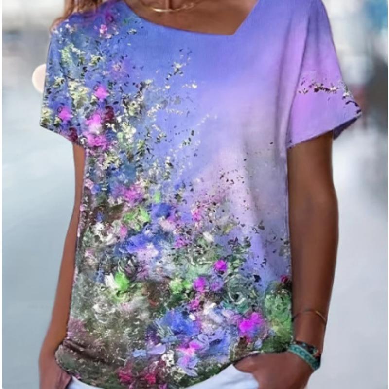 

Slanted Edge Women s T-shirt Style Fashionable Casual Flower Base Inner Top T-shirt for Women 5XL