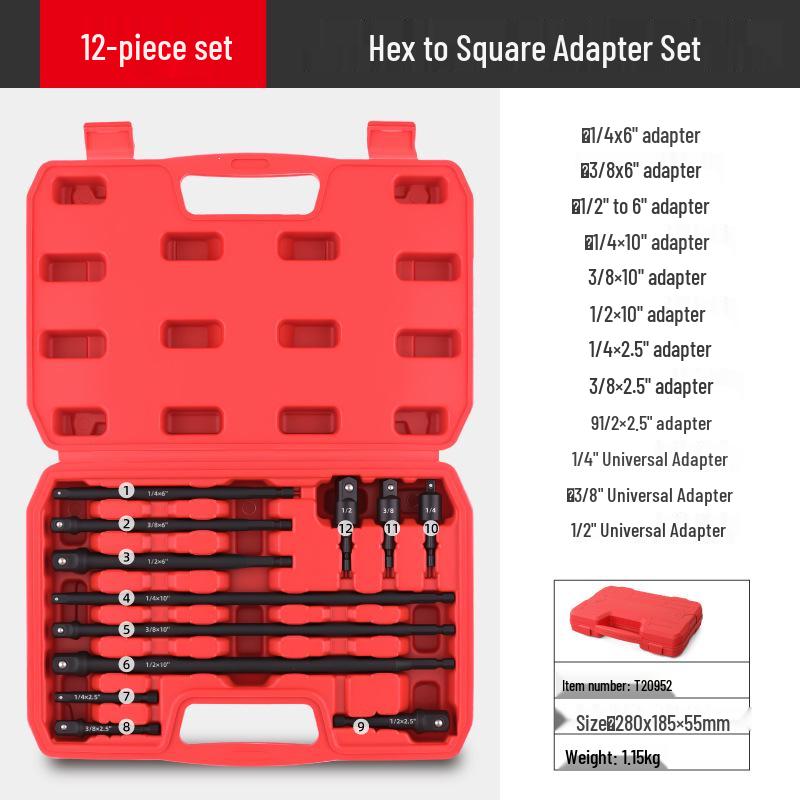 

12PC Hex Shank to Square Drive Adapter Set: Socket Extension & Electric Wrench Connector