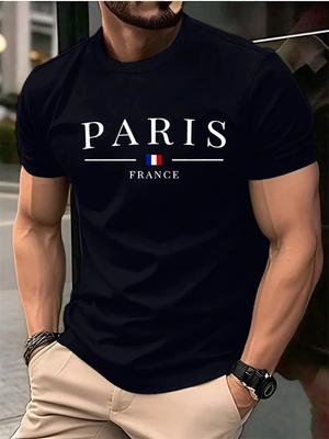 Men's 100% Cotton Summer Loose PARIS Creative Letter Print Casual Slim Fit Round Neck Short Sleeved T-shirt Top