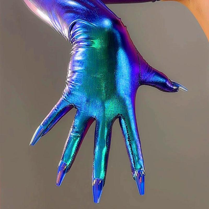 HOLOGRAPHIC Laser NAIL GLOVES Metallic Shiny Blue Touchscreen 70CM Long TECH Thin Elastic Holo Evening Party Glove with Nails