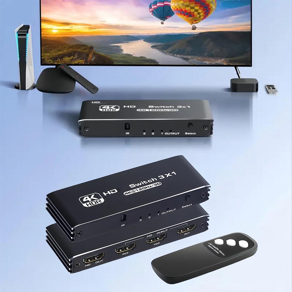 Universal HDMI Switcher Splitter for PC TV Box PS4 PS5 High-Speed Signal Sharing with Aluminum Design in Classic Black Color