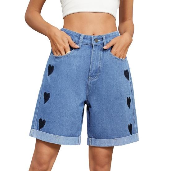 Summer Women Denim Shorts Mid Waisted Knee Length Stretchy Casual Wide Straight Leg Distressed Cuffed Jeans Short Pants with Pockets