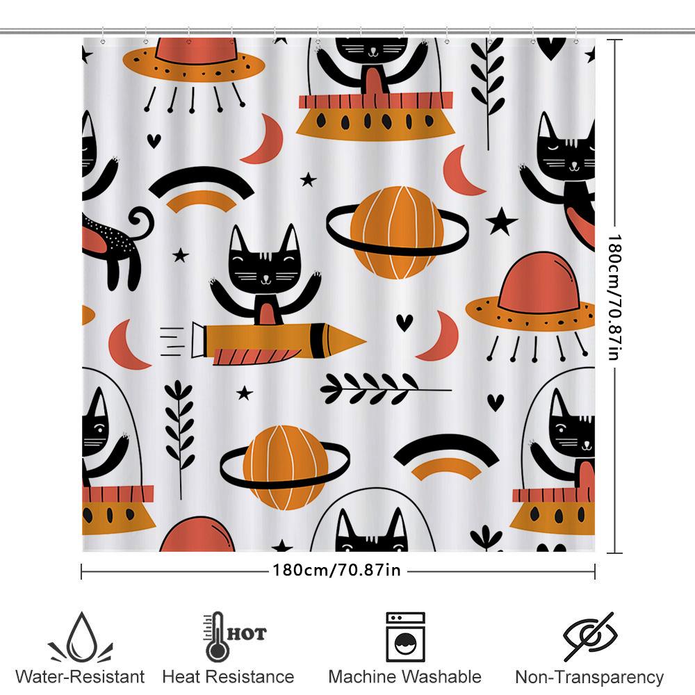 Black Cats Space Shower Curtain For Bathroom Decor Orange Rockets Planets Ufos Cartoon Print Waterproof Fabric Bath Mat Set With