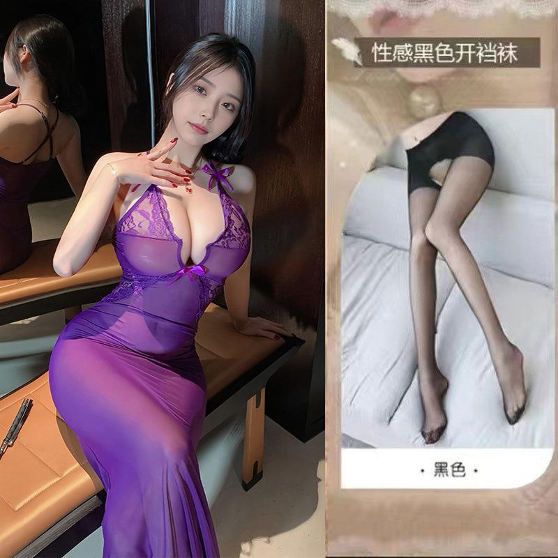 Sexy lingerie sexy perspective long dress female deep v suspender flirting seduction bed dating pure lust passion