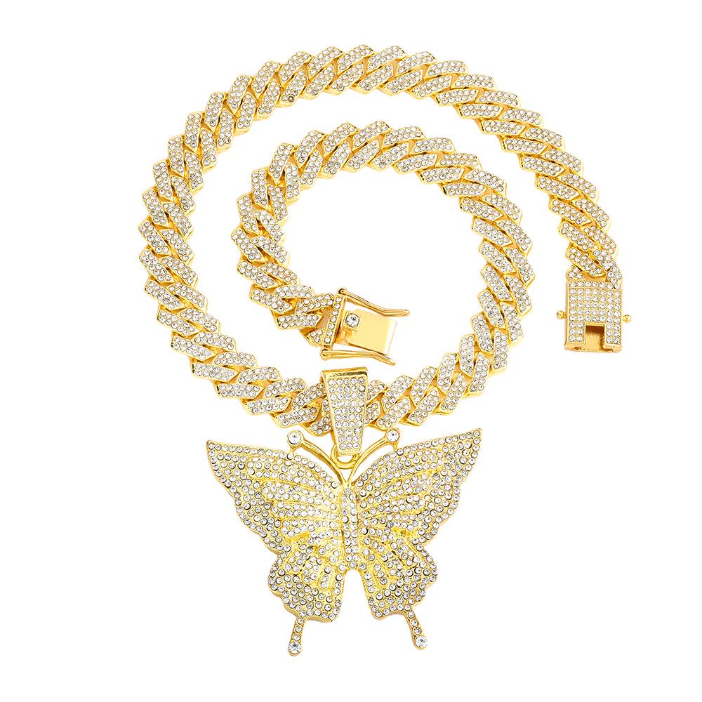 Unisex Butterfly Pendant Cuban Chain: Hip Hop Style Alloy Necklace with Full Diamond Design