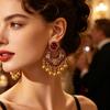 Vintage Diamond-Embellished Hollow Tassel Petal Earrings for Women, Bohemian Ethnic Style Exaggerated Carved Travel Drop Earrings