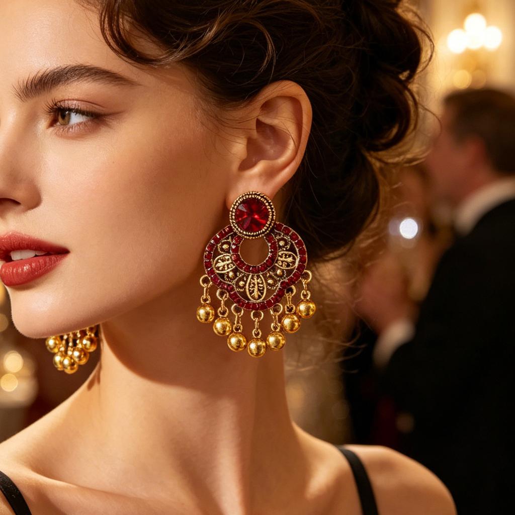 Vintage Diamond-Embellished Hollow Tassel Petal Earrings for Women, Bohemian Ethnic Style Exaggerated Carved Travel Drop Earrings