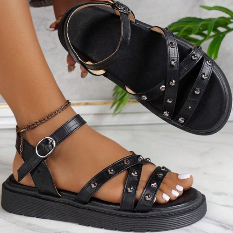 

2025 новые летние дышащие женские сандалии большого размера с заклепками и толстой подошвой с полой пряжкой в римском стиле 43 чёрный
