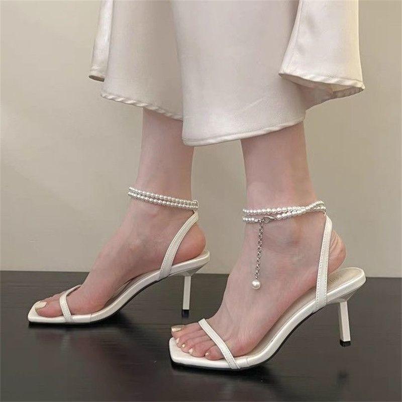 Knock mermaid pearl stiletto high heels women's new niche versatile one-word square head sandals