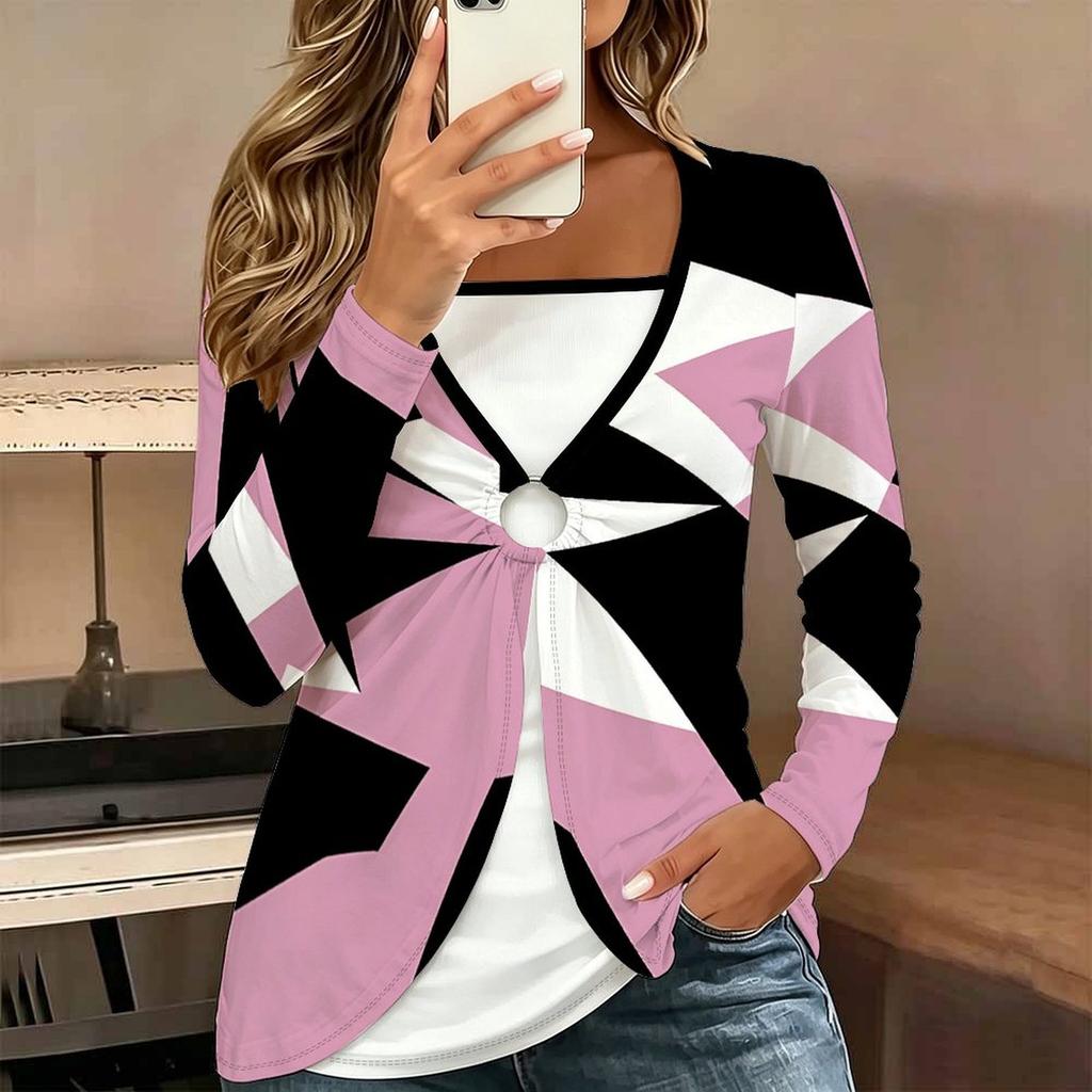Tops for Women Geometric Pattern Print Long Sleeve Fake Two‑Piece Top Fall Casual Slim Pullover Women's Long Sleeve Top