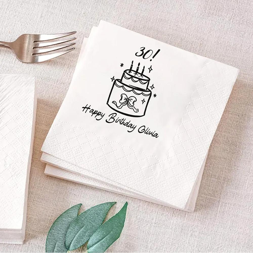 Custom Birthday Party Napkins Hand-Drawn Birthday Cake Favors Cocktail Napkins Happy 18th 20th 30th Birthday Party Table Decor