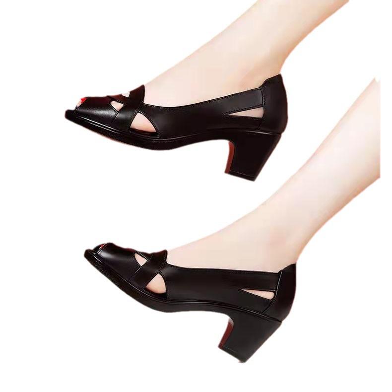 Four Seasons Comfortable Korean Style Women's Chunky Heel Peep Toe Velcro Sandals
