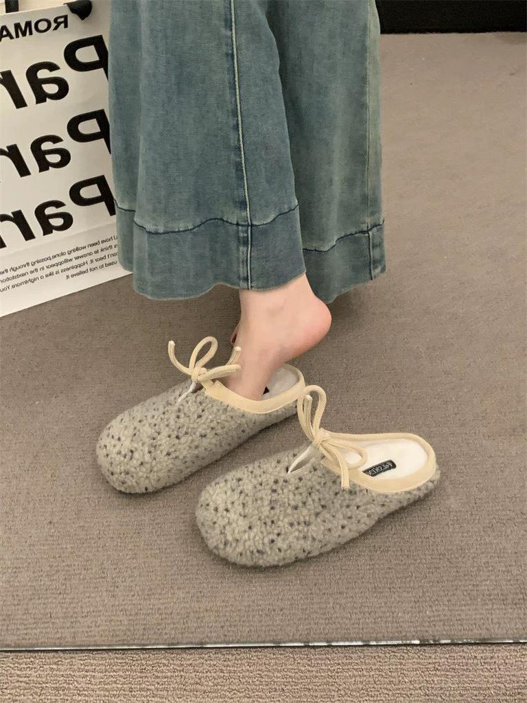 Korean Version of Ancient Covered Round Head Lace-up Bow Doudou Cotton Shoes, Inner Height Increase, Plush Warm Fluffy Shoes for Women's Autumn a