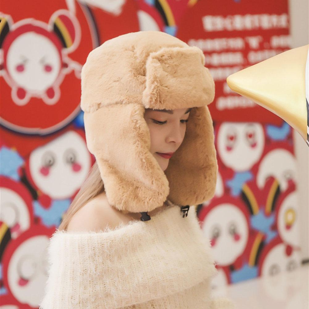 Women Winter Plush Bomber Hat with Earflap Solid Color Lady Thicken Warm Ushanka Hat