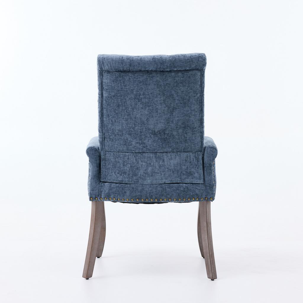 Upholstered Chenille Fabric Accent Dining Chair, Curved Solid Wood Legs, Elegant Tufted Dining Room Kitchen Arm Chair, Single Pack, Blue, DE1895BL
