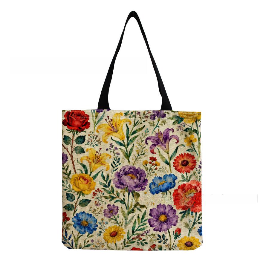 Damen Vintage Leinen-Tragetasche - Große Kapazität Blumenmuster Schulter-Handtasche für Freizeit & Lebensmitteleinkauf KTB