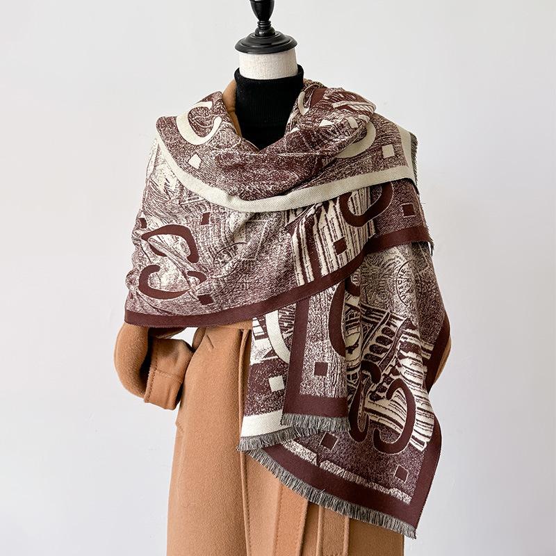 women's double-sided imitation cashmere thermal scarf retro ethnic style niche versatile scarf