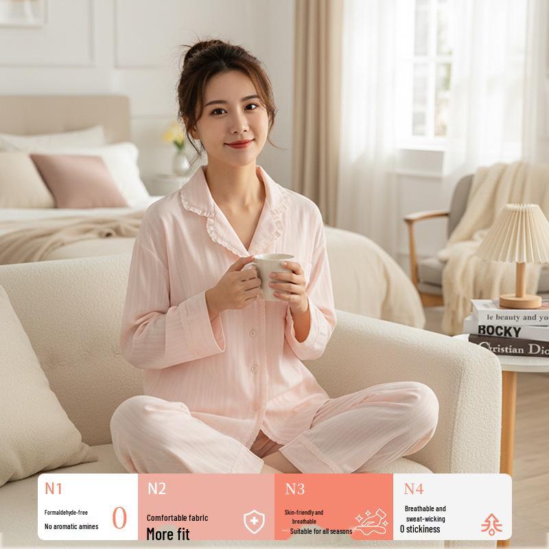 Damen-Doppellagen-Gaze-Baumwoll-Pyjama - Langarm, Vielseitig für Frühling/Sommer
