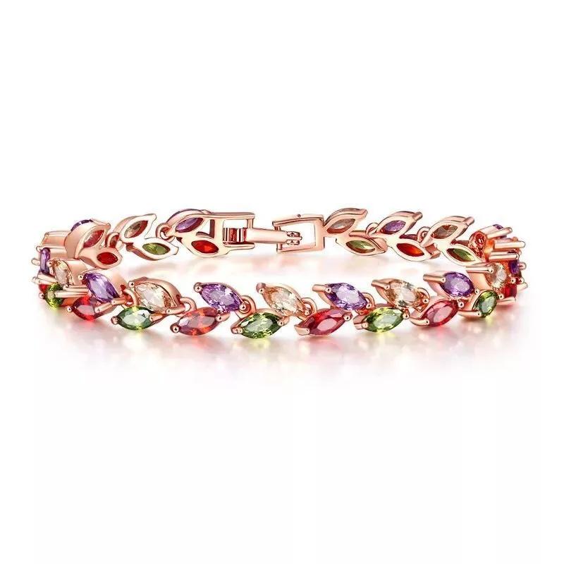 Women s Fashion Leaf Bracelet with Rose Gold and Colored Crystals - Trendy Korean Jewelry One Size