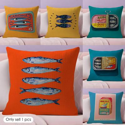 Housse de coussin Art Sardines Lin Naturel Tissu Biologique Impression Double Face Housses de Coussin de Canapé Décoration Intérieure