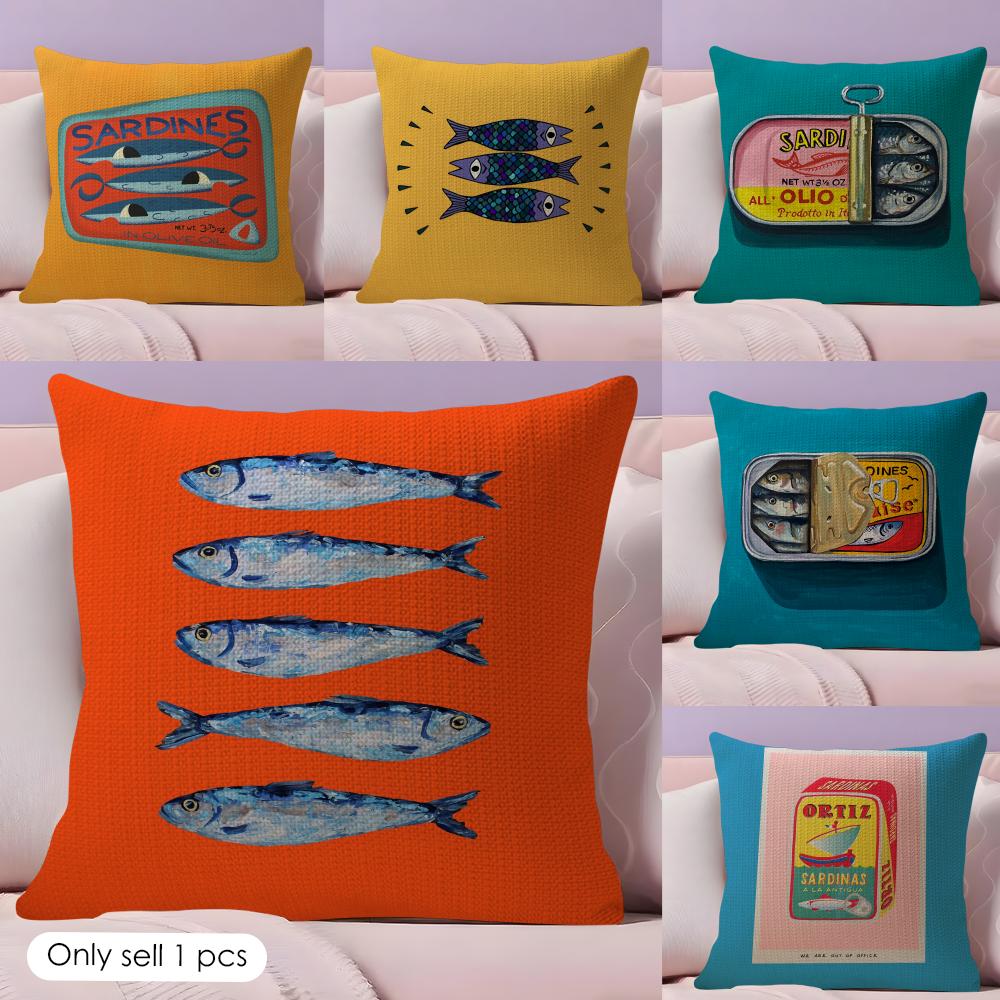 Sardines Art Cushion Cover Natural Linen Organic Fabric DoubleSided Printing Couch Pillow Covers Home Decor