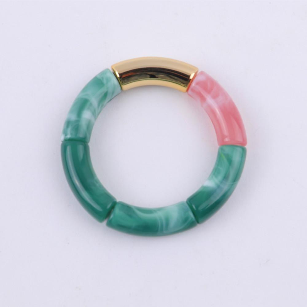 New Mixed Gold Color Tube Beads Acrylic Bracelets Bangles for Women Men Stretch Bamboo Curved Resin Bracelet Stack Jewelry Gifts