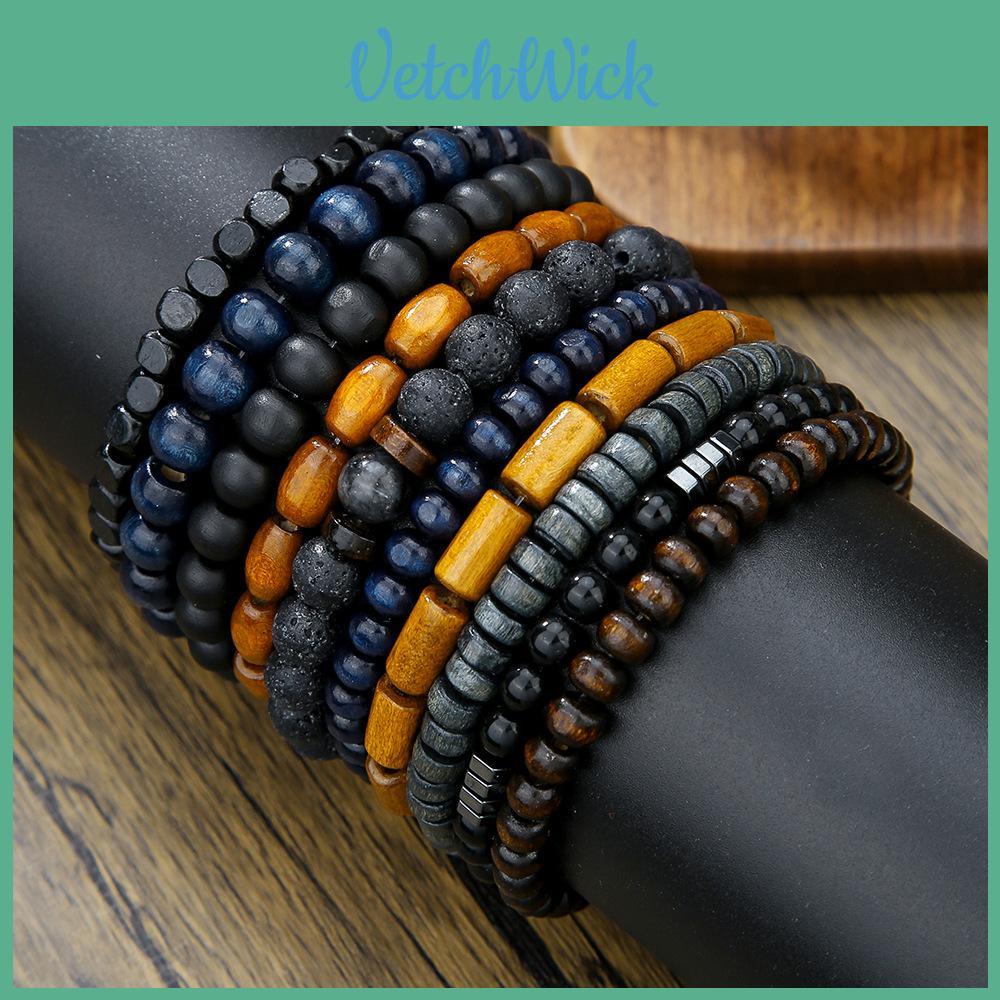Vintage Wooden Bead Lava Stone Mens Bracelets With Elastic Band For Travel Gift