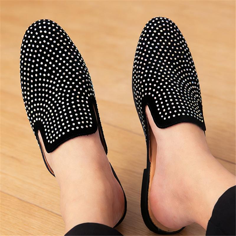 Trend Glitter Rhinestone Leather Half Slippers Shoes For Men Designer Outerwear Mules Casual Slides Slippers Sandals Mocassins