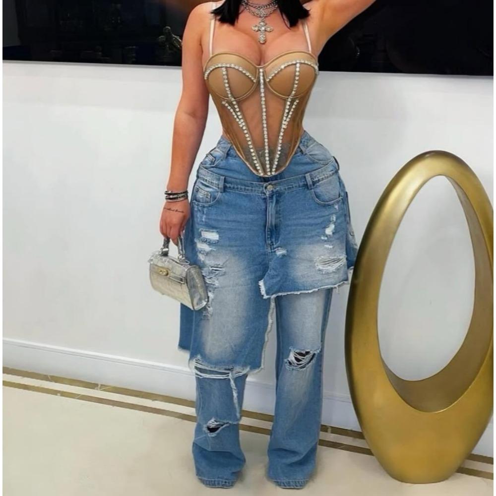 Women s Mid Rise Straight Leg Jeans Loose Fit Patchwork Distressed Denim Pants Streetwear Raw Edge Ripped Trousers S