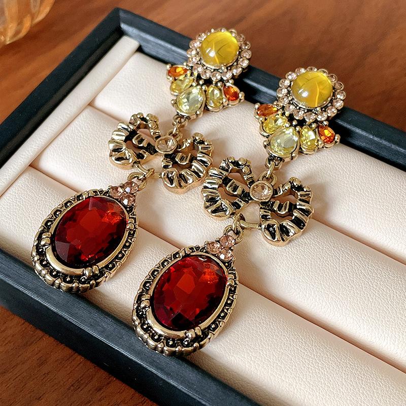 Silver needle bow oval diamond earrings Hong Kong style retro long earrings fashion medieval vintage earrings women