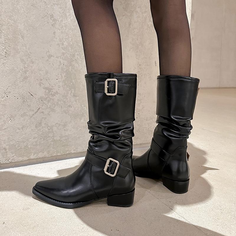 Fashion 2024 Autumn/winter Women Boots Square Toe Chunky Heels Boots for Women Fold Chelsea Belt Buckle Boots Mid-calf Women Shoes