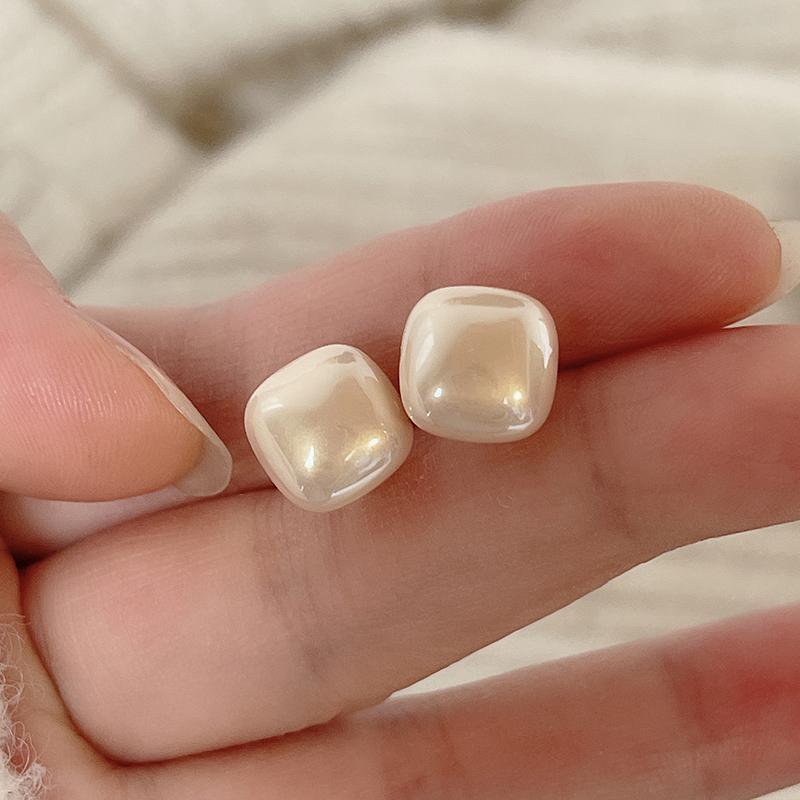 Tibetan Silver Imitation Pearl Square Stud Earrings for Women Minimalist Trendy Fashion  Geometric Accessories