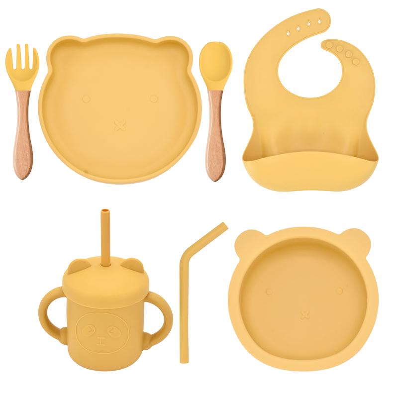 7PCS/Set Baby Silicone Sucker Bowl Plate Cup Bibs Spoon Fork Sets Children Non-slip Tableware Baby Feeding Dishes BPA Free