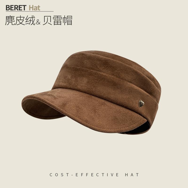 Round Label Pleated Suede Flat Top Equestrian Hat Women'S Season Warm Newsboy Hat Showing Face Ducktongue Beret