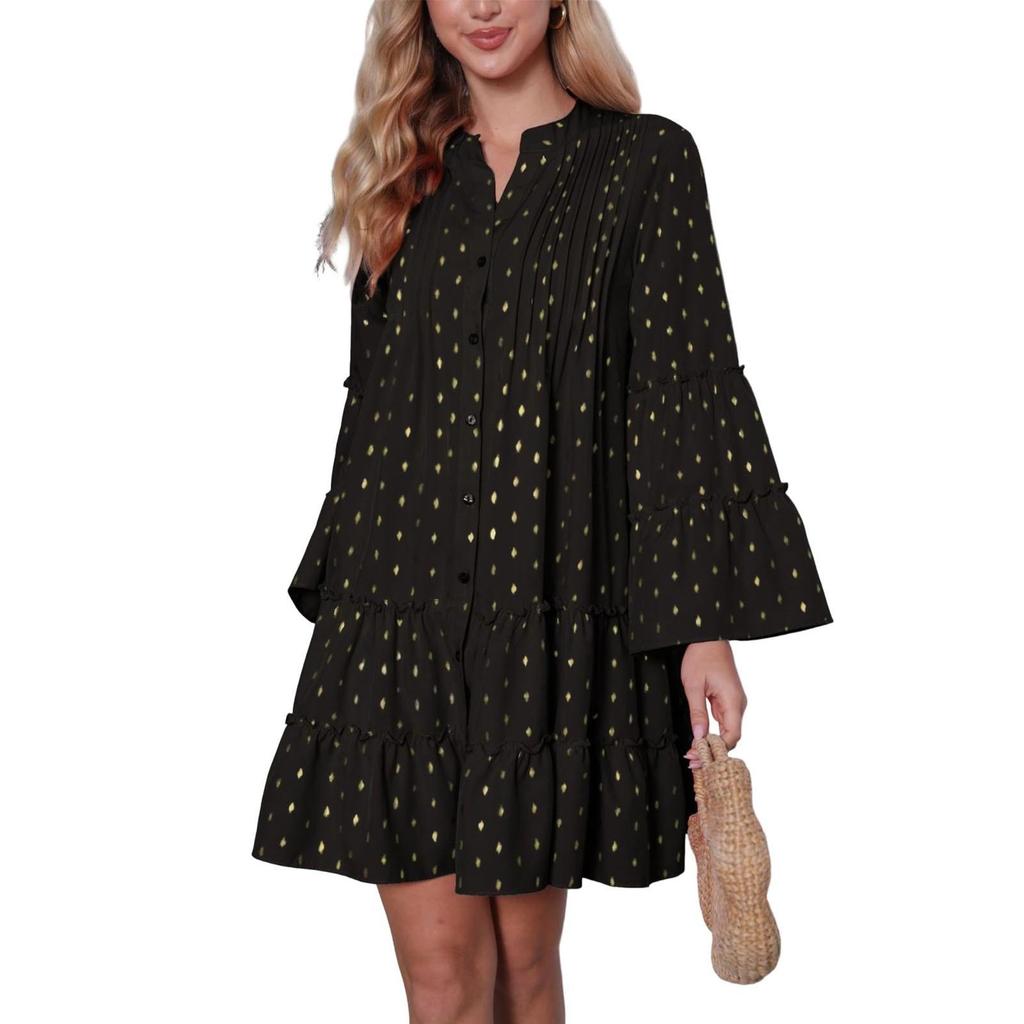 Kadın Elbiseleri Damgalı Kabartmalı Pileli Alevli Kol Bol Uzun Kollu Elbiseler