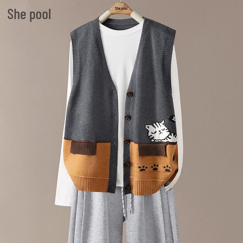 

Женский вязаный жилет с V-образным вырезом и цветными блоками One Size