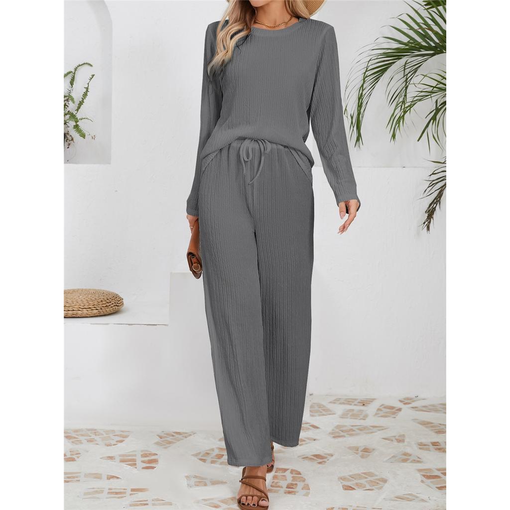 Women's Sets Casual Loose Knitted Jacquard Long-sleeved Crew Neck Top High Waist Drawstring Trousers