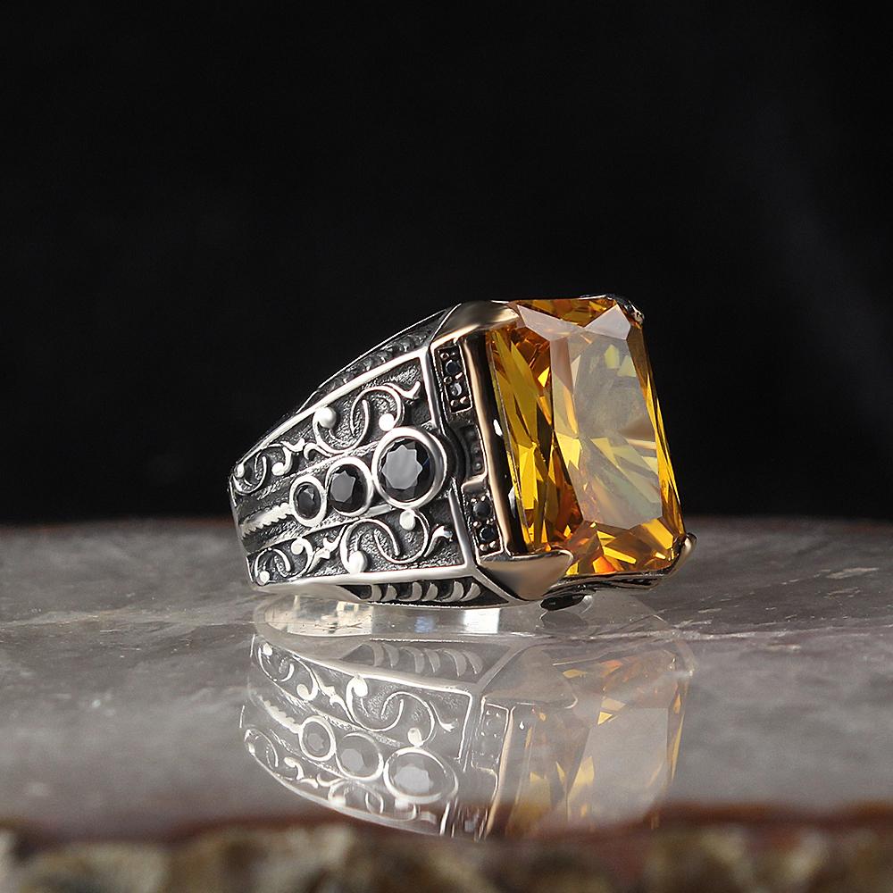 

925 Ayar Gümüş Dikdörtgen Özel Kesim Sitrin 925 Sterling Silver Man Ring 10