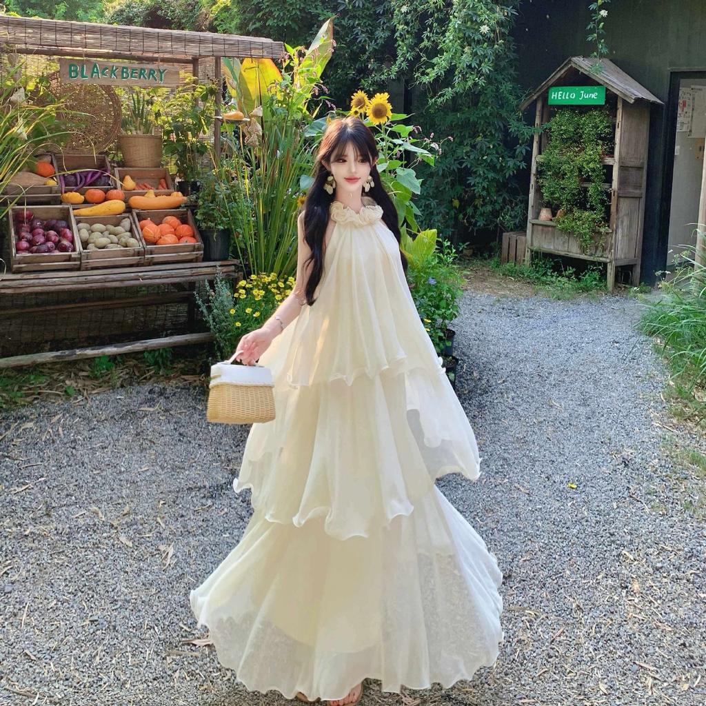French photo super beautiful neck off-the-shoulder dress women's new seaside vacation sleeveless vest cake long dress summer