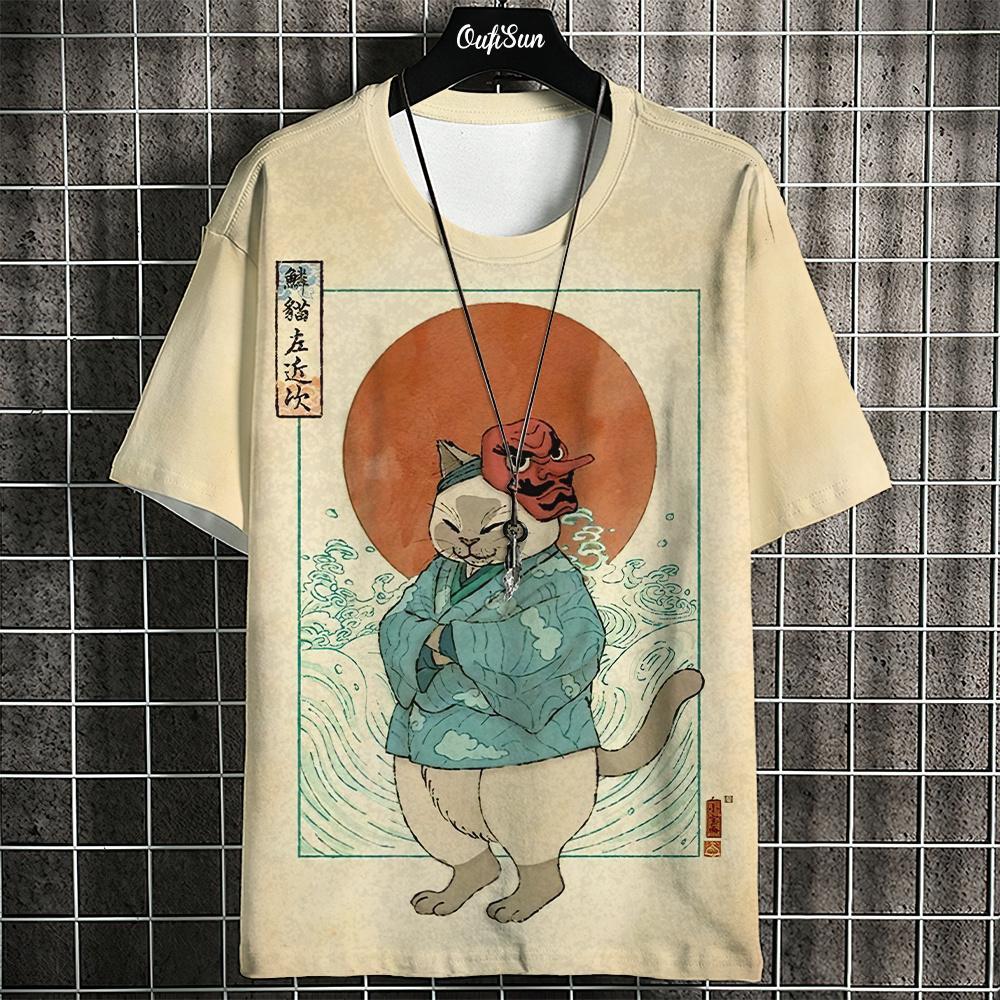Retro Japanese Ukiyo-e Style Summer 3D Oversized Men's T-shirt Loose and Comfortable Breathable, Suitable for Daily Wear