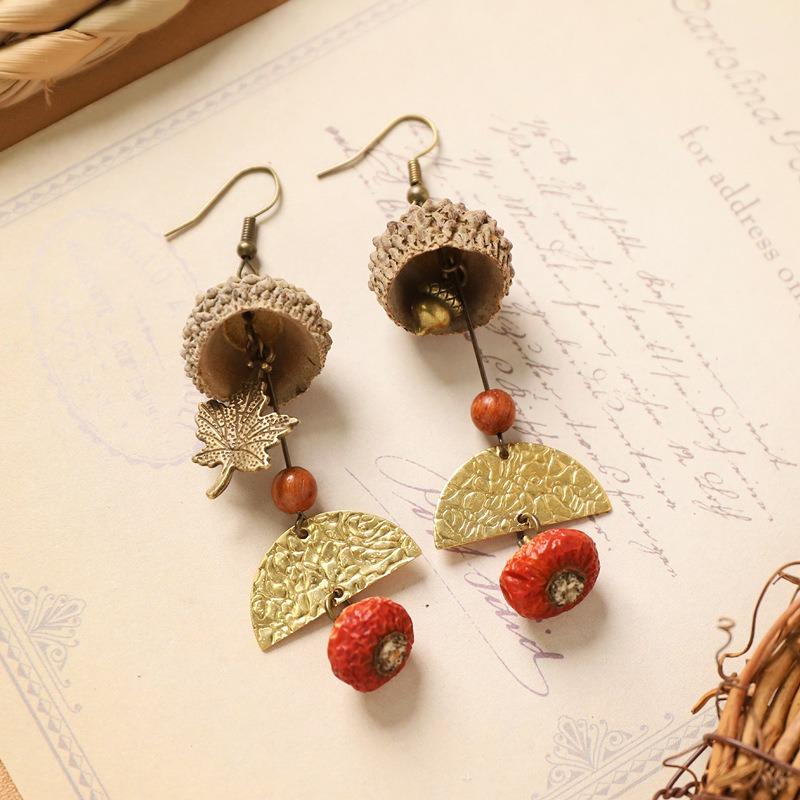 Retro natural plant earrings handmade creative niche acorn fruit long fringed design women's earrings