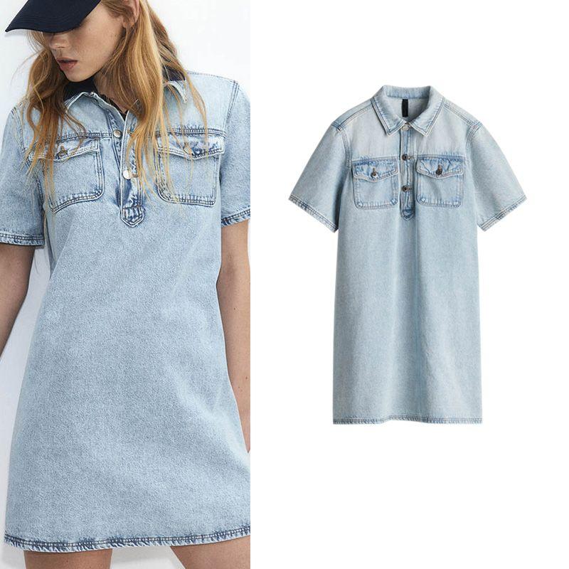 Summer New Women clothes Cotton Blended Fold Collar Short sleeve A Word Shirt Style Demin dress 1274311