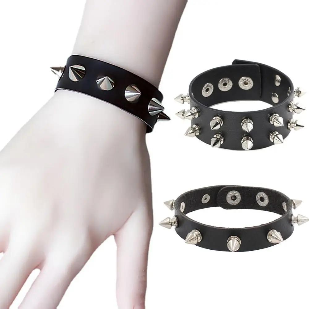 Unisex Gothic Studded Bracelet Pu Leather Adjustable Black Wristband Hip Hop Double-layer Colorful Rock Punk Cuff Bangle