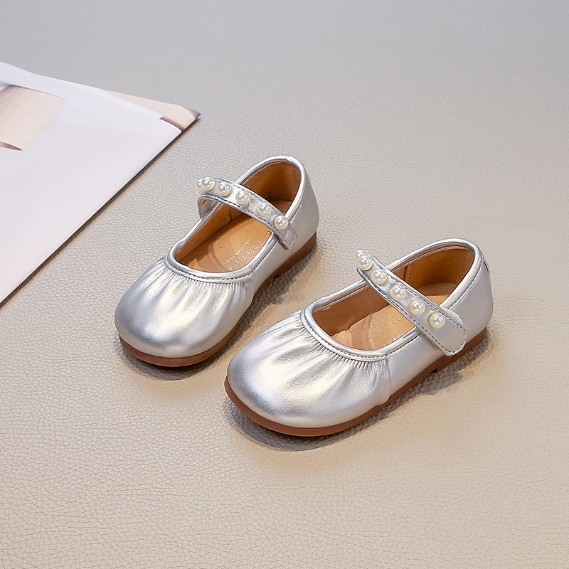 Kids Girls Solid Color Round Toe Pearl Velcro Mary Jane Princess Leather Flats