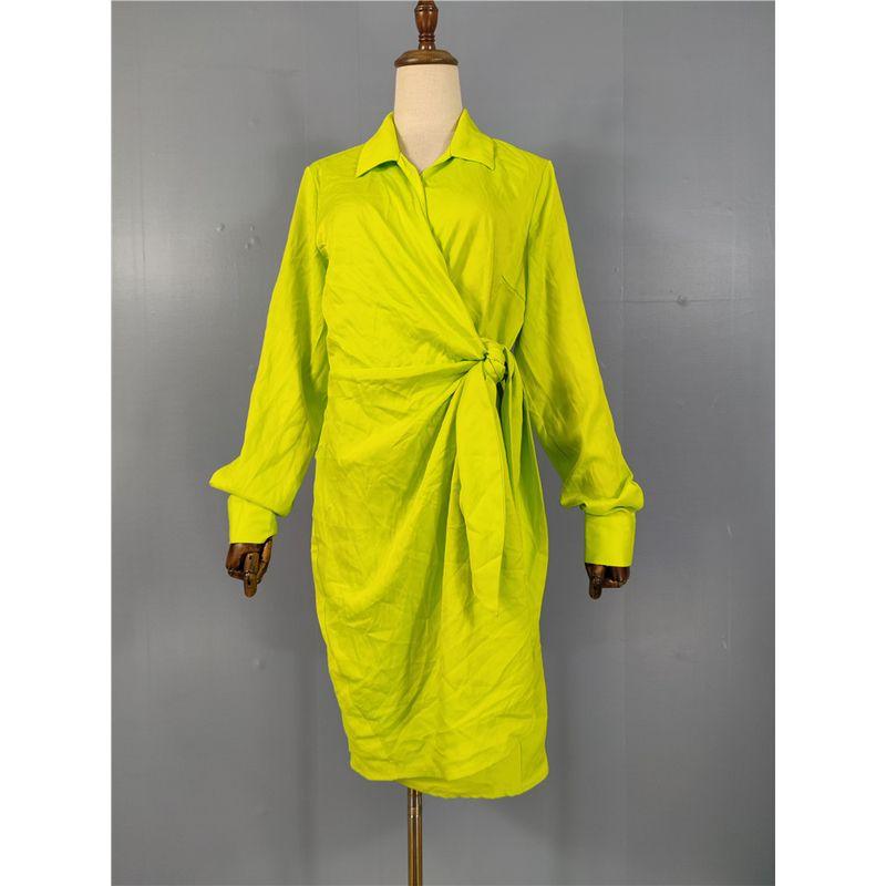 

French Style Elegance Aura Texture Long Sleeves One Piece Strap Design Flattering Asymmetrical Fluorescent Bright Dress Fluorescent yellow L