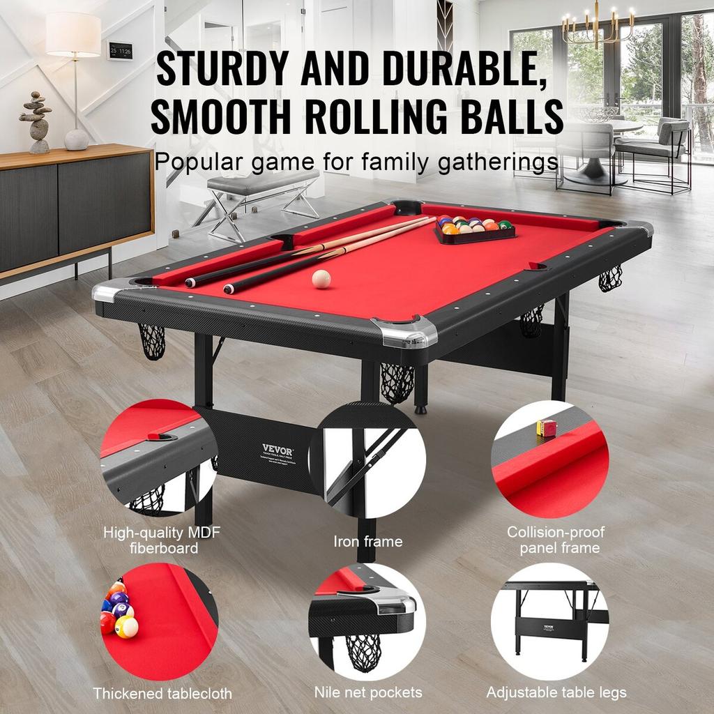 Billiards Table, 6.3 ft Pool Table, Portable Foldable Space-Saving Table, Billiard Table Set Includes Balls, Cues, Chalks and Brush, Black with Red