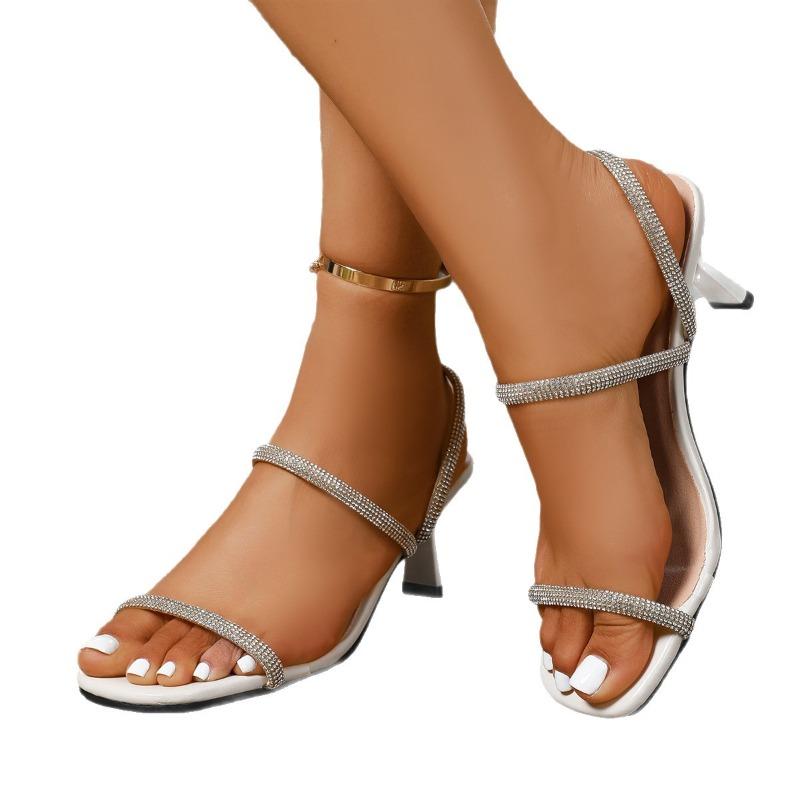 Women's Square Toe Stiletto Sandals, Rhinestone Single Strap Slides, Wholesale High Heel Mules for Women