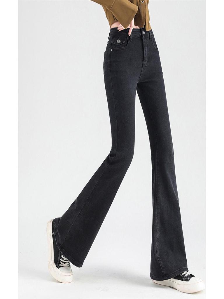 High-Waisted Slim Fit Micro Flare Blue Jeans: Fashionable Casual Style for Tall Women's Autumn/Winter Wardrobe.