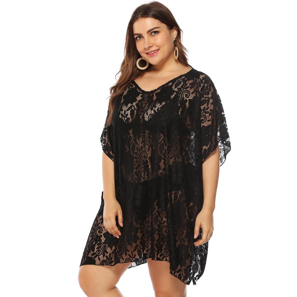 Robe de plage en dentelle pour femmes, grande taille, Sexy, ajouré, transparente, col en v, fendue, Cover-Up pour les maillots de bain