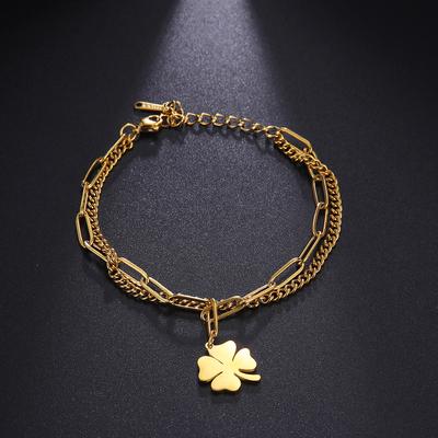 18K Gold Titanium Steel Bracelet with Clover Clover Double-layer 4 Leaf Clover Bracelet High-end Niche Design Four Leaf Clover Bracelet